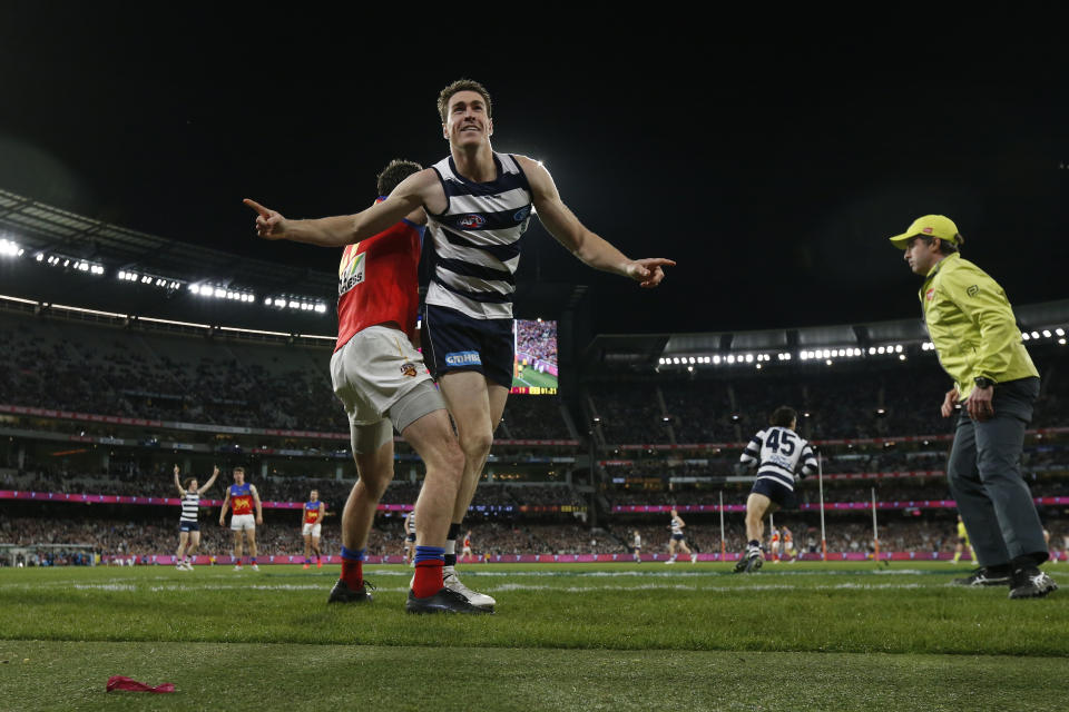 Jeremy Cameron (pictured) shepherds through a goal.