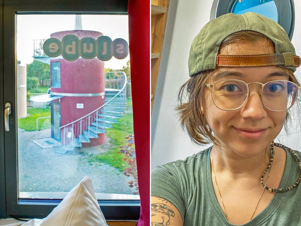 A view of another tiny home from the author's bedroom window (L). The author enjoys her tiny home (R).