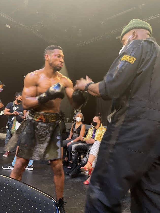 Yahya McClain (right) trains Jonathan Majors (left) in the upcoming film 