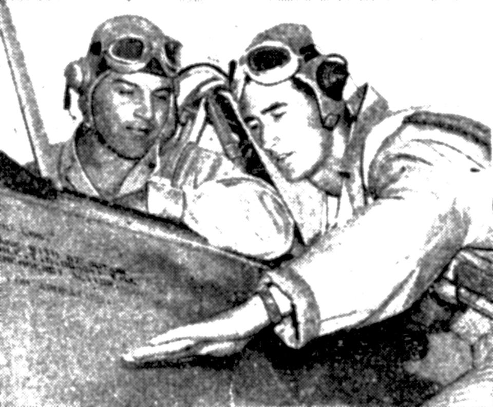 This is a scan from an AP news photo in a family scrapbook. Monk Maznicki, in cockpit, gets flying tips from Marine Lt. Ted Williams, Red Sox Hall of Famer, at Bronson Field, Florida, August 1944.