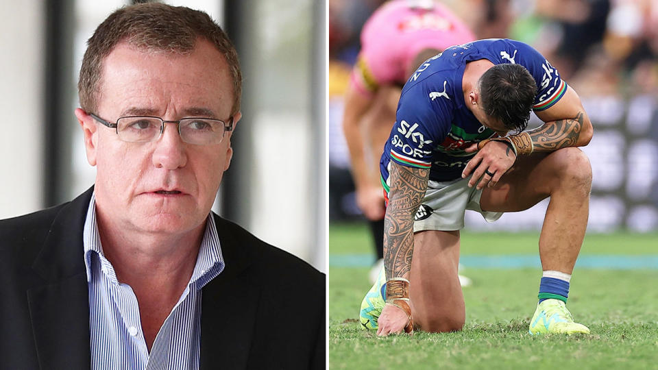 Pictured left is NRL football boss Graham Annesley and a shattered Warriors player on the right.