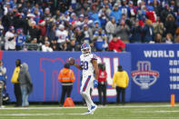 New York Giants' Julian Love reacts after recovering a fumble during the second half of an NFL football game against the Philadelphia Eagles, Sunday, Nov. 28, 2021, in East Rutherford, N.J. (AP Photo/John Munson)