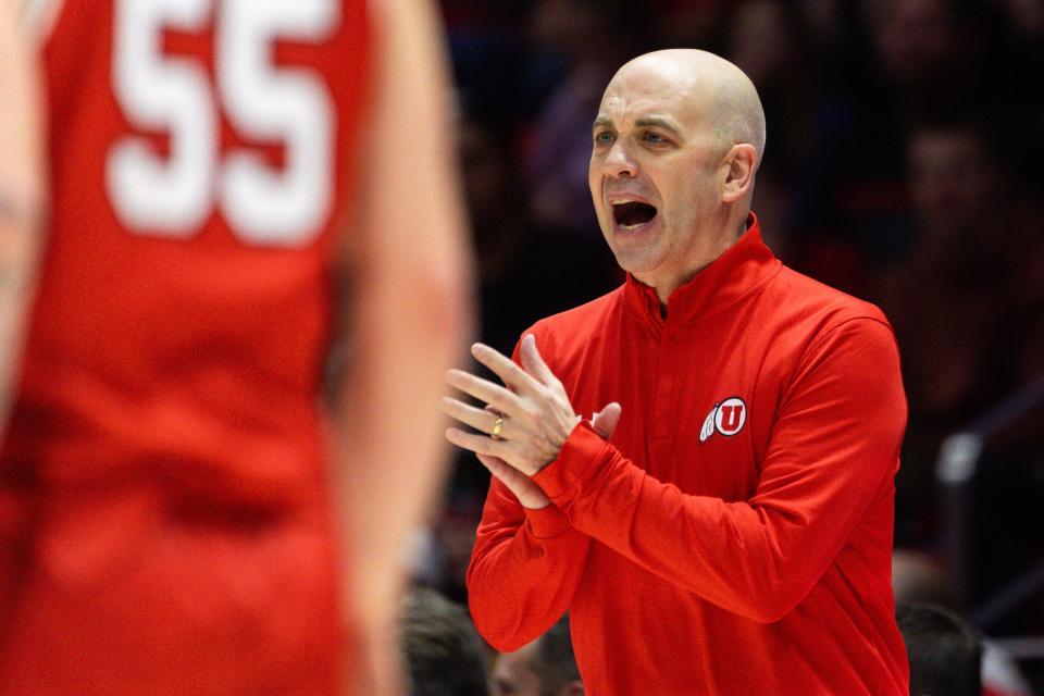 Utah Utes head coach Craig Smith yells from the sidelines during a men’s basketball game against the Brigham Young Cougars at the Jon M. Huntsman Center in Salt Lake City on Saturday, Dec. 9, 2023. | Megan Nielsen, Deseret News