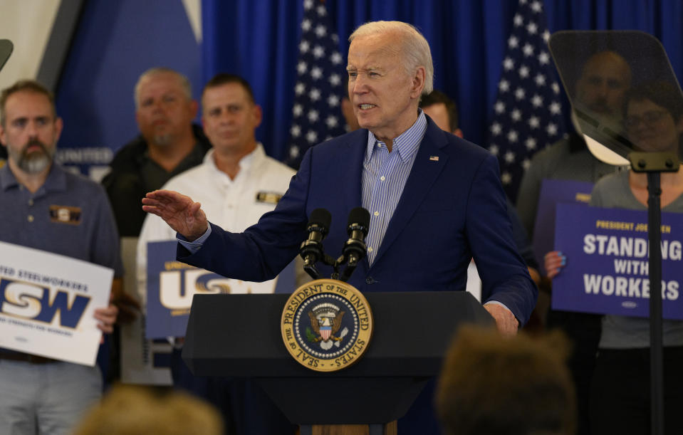 PITTSBURGH, PENNSYLVANIA - APRIL 17: President Joe Biden speaks to members of the United Steel Workers Union at the United Steel Workers Headquarters on April 17, 2024 in Pittsburgh, Pennsylvania. Biden announced new actions to protect American steel and shipbuilding industries including hiking tariffs on Chinese steel.  (Photo by Jeff Swensen/Getty Images)