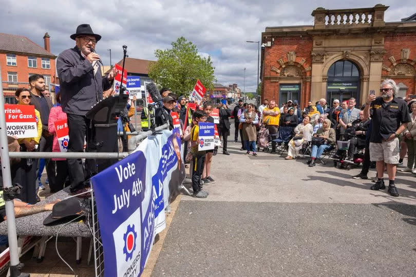 George Galloway addresses the crowd outside Ashton town hall