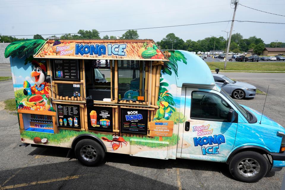 June 19, 2024; Pataskala, Ohio, USA; 
A Kona Ice truck serves the World of Wonderment day care center in Pataskala.

Ready for the summer heat, each Kona Ice truck holds 600 lbs. of ice cubes and goes through an average of ten gallons of flavored syrups daily. On the busiest weekends, the trucks owned by the Kona Ice Lancaster franchise can go through a ton and a half of ice. The top flavors are, in order, blue raspberry, cotton candy and tiger’s blood.

Nationally, Kona Ice ranks among the top franchises to own among food trucks.