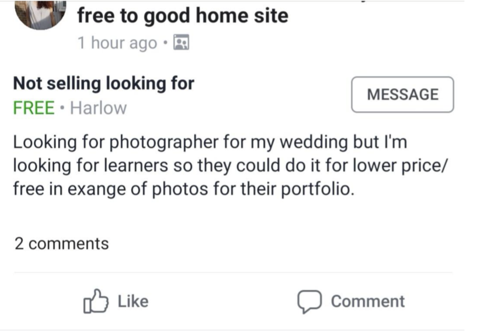 "free in exchange of photos for their portfolio"