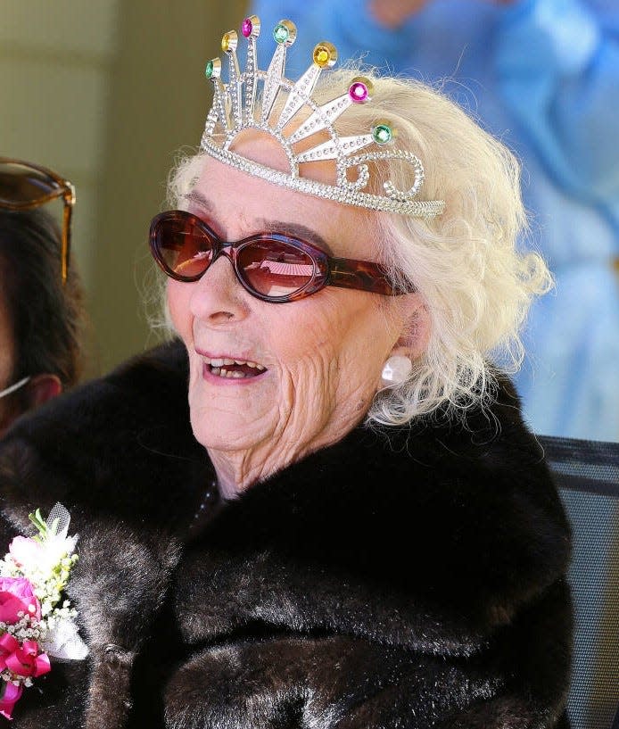 Edith "Edie" Recagno Keenan Ceccarelli celebrates her 115th birthday in Willits, California, during February 2023.