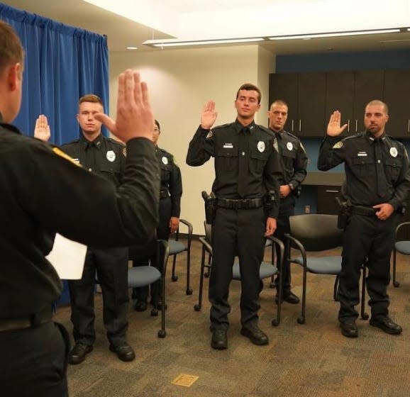 Officers Anthony Edwards, Camron Greetham, Timothy Howe, Amanda Rodriguez and Gabriel Valdes are sworn into Cape Coral Police on April 21, 2023.