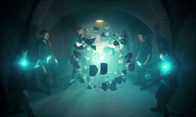 Courtesy of Netflix From left: Ritu Arya, David Castañeda, Tom Hopper, Britne Oldford, Genesis Rodriguez, Justin H. Min and Elliot Page on 'The Umbrella Academy'