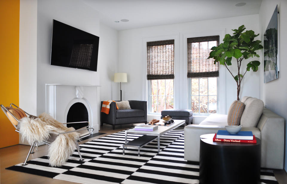 white living room with fiddle leaf fig by Hendrick Interiors