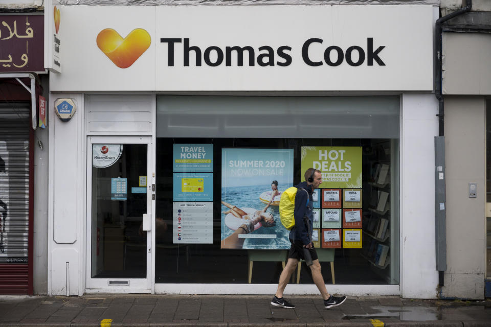 CARDIFF, UNITED KINGDOM - SEPTEMBER 22: A Thomas Cook travel agent store on September 22, 2019 in Cardiff, United Kingdom. Thomas Cook has collapsed after talks over the weekend with lenders, shareholders and the UK government failed to piece together a rescue package for the 178-year-old travel company. The collapse leaves 21,000 jobs at risk and 150,000 UK holidaymakers stranded abroad. (Photo by Matthew Horwood/Getty Images)