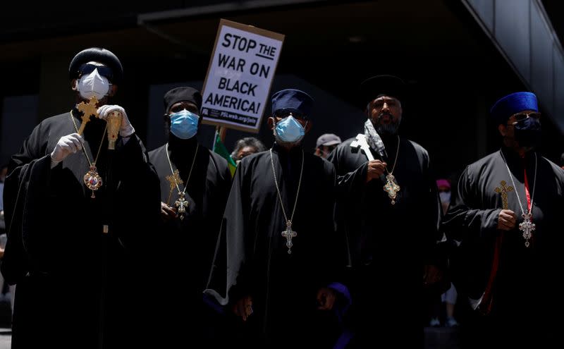 Protest against racial inequality in the aftermath of the death in Minneapolis police custody of George Floyd in Los Angeles