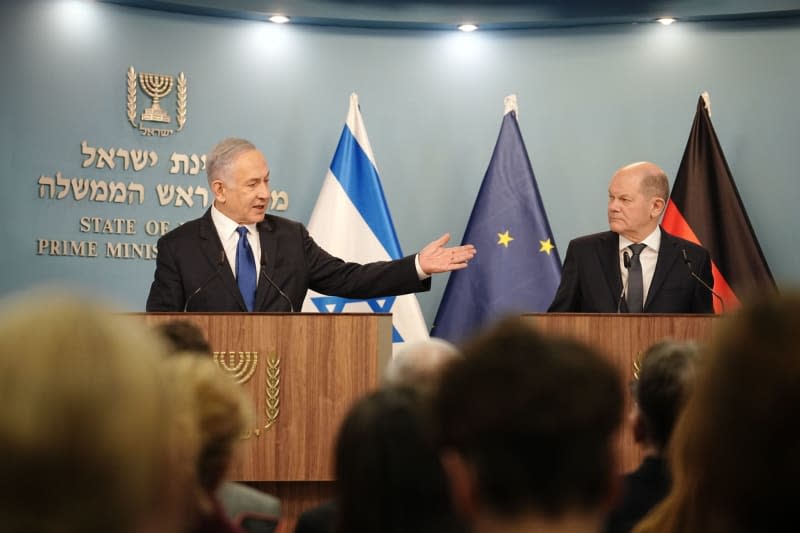 German Chancellor Olaf Scholz and Israeli Prime Minister Benjamin Netanyahu hold a joint press conference. Scholz is scheduled to meet Israeli President Isaac Herzog and War Cabinet Minister Benny Gantz as well as relatives of Israeli hostages held in Gaza alongside Netanyahu. Kay Nietfeld/dpa