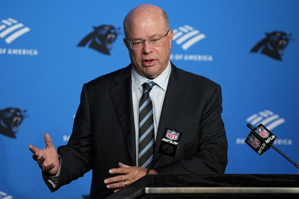 Carolina Panthers owner David Tepper speaks during an NFL football news conference Tuesday, Nov. 28, 2023, in Charlotte, N.C. (AP Photo/Chris Carlson)