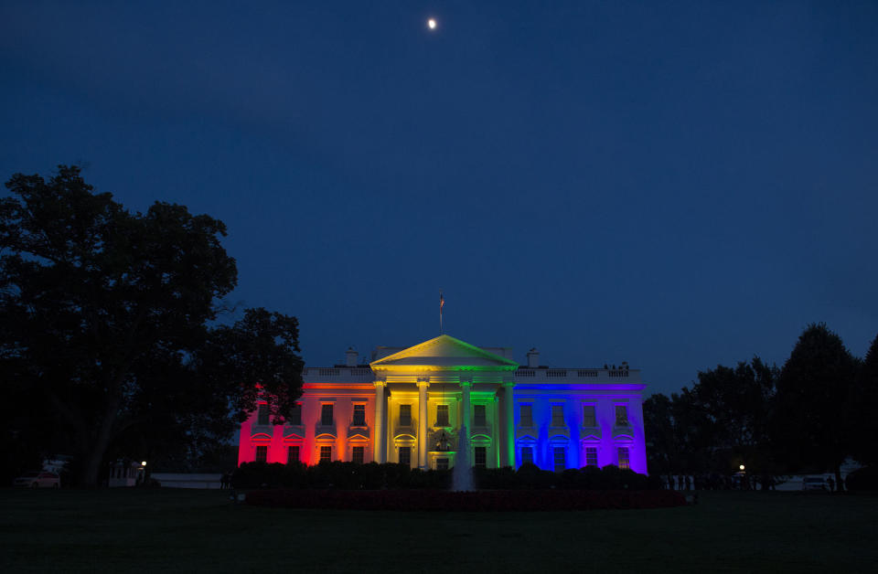 The White House is blanketed in rainbow colors symbolizing LGBT pride on June 26, 2015.  (Molly Riley / AFP via Getty Images file)