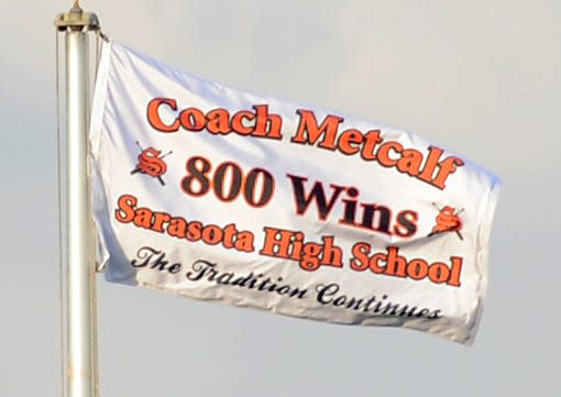 Clyde Metcalf was honored for reaching his 800th career coaching victory at Sarasota High before a game at the school on April 11, 2014.