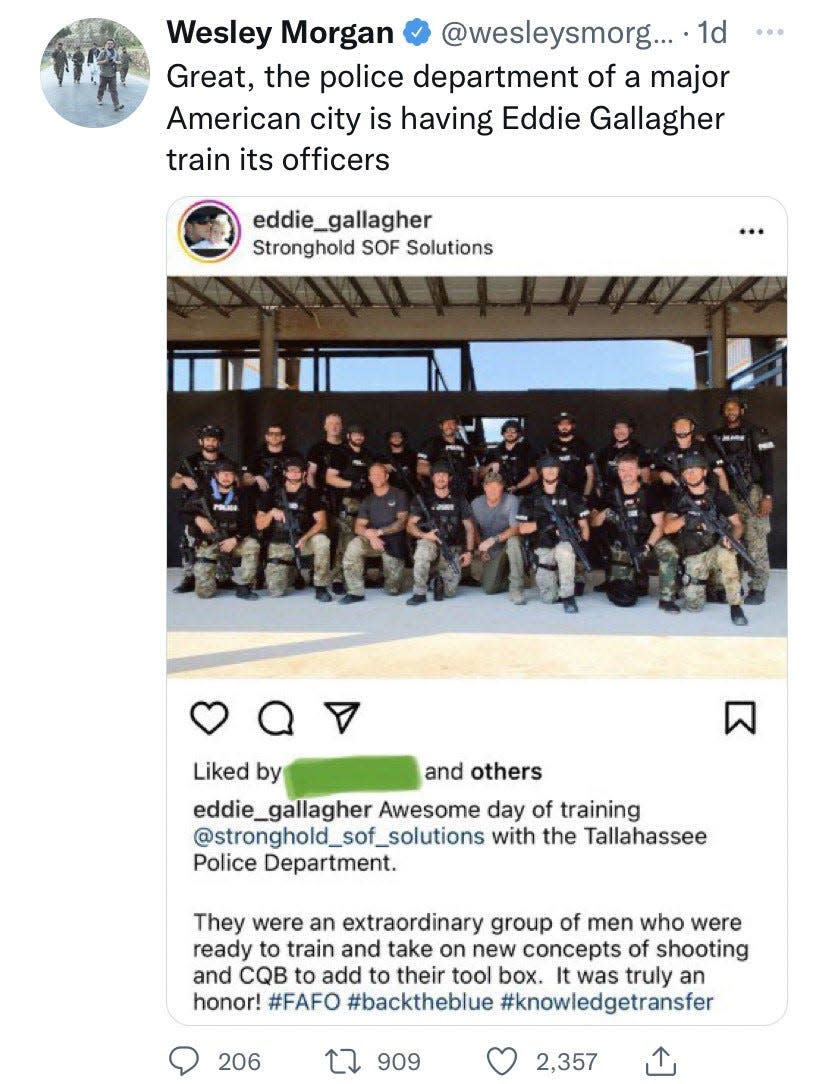 A screenshot of author and journalist Wesley Morgan's Twitter post on Eddie Gallagher's training of Tallahassee Police Department officers.