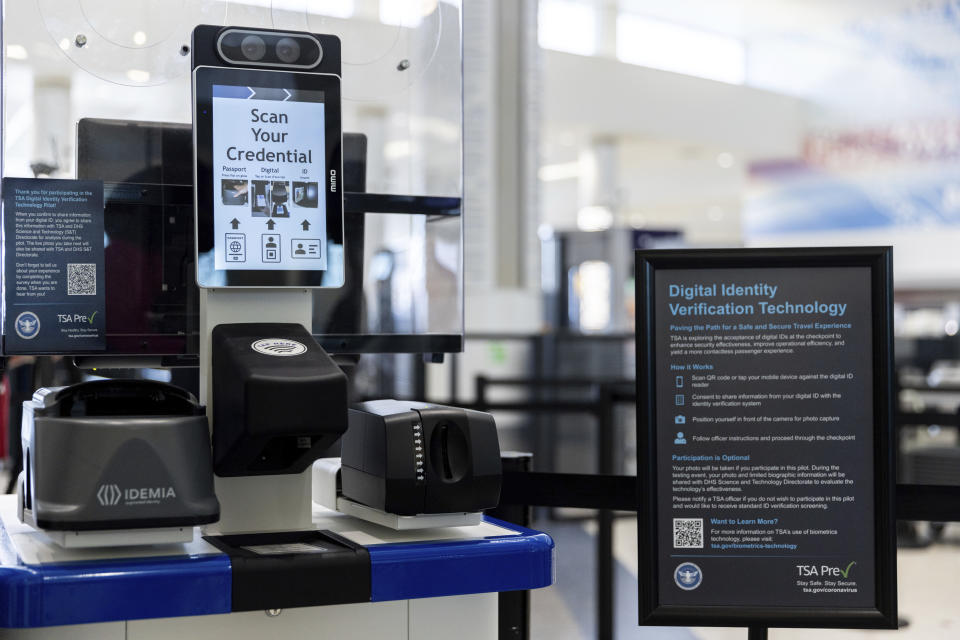 Transportation Security Administration's new facial recognition technology at a Baltimore-Washington International Thurgood Marshall Airport security checkpoint, Wednesday, April 26, 2023, in Glen Burnie, Md. (AP Photo/Julia Nikhinson)