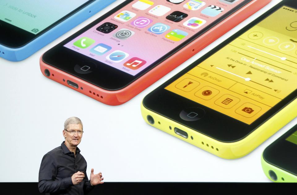 Apple Inc CEO Tim Cook talks about their new products during Apple Inc's media event in Cupertino