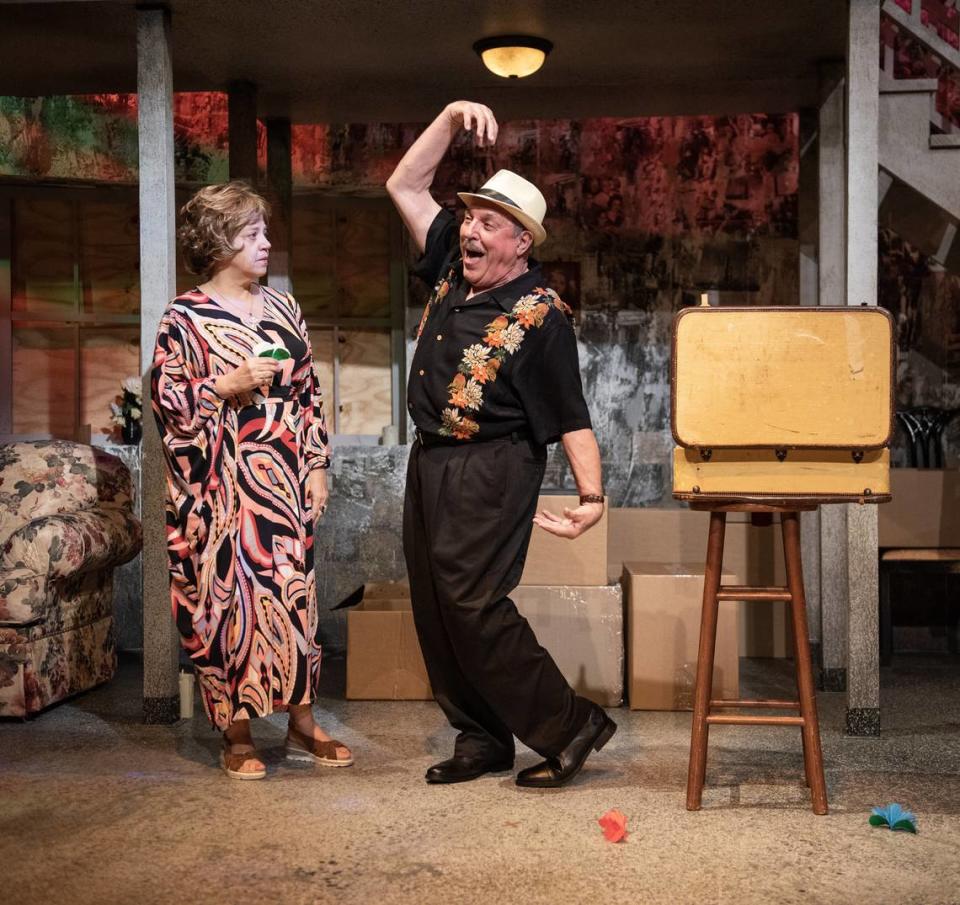 Barbara Bonilla and James Puig are a magician-wife and her assistant-husband in Charise Castro Smith’s “El huracán” at GableStage. (Photo courtesy of Magnus Stark)