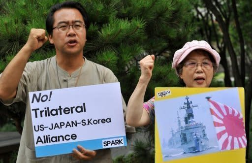 South Korean activists hold a protest against a controversial military agreement with Japan, outside the foreign ministry in Seoul. South Korea has postponed the signing of a landmark military agreement with Japan, after strong objections from both the ruling and opposition parties in Seoul