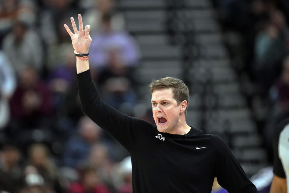 Utah Jazz head coach Will Hardy shouts to his team during the first half of an NBA basketball game against the Denver Nuggets Wednesday, Jan. 10, 2024, in Salt Lake City. (AP Photo/Rick Bowmer)