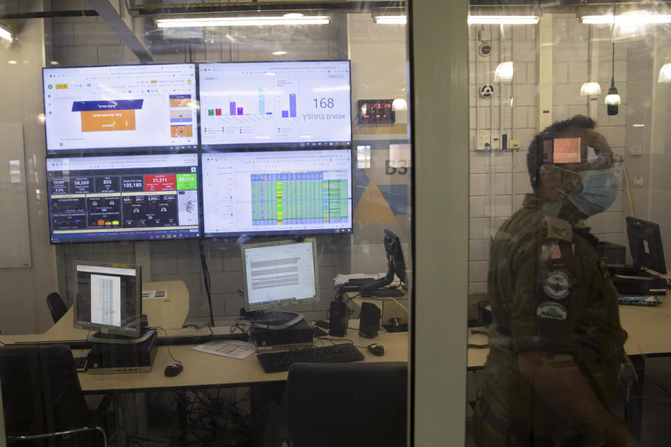 An Israeli soldier works at the headquarters of the Home Front Command, in Ramle, Central Israel, Tuesday, Aug. 25, 2020. As Israel struggles to control a coronavirus outbreak, it is calling in the army to help. At the instruction of the country's coronavirus czar, the military has set up a new "task force” that is playing a leading role in contact tracing and breaking the chain of infections. (AP Photo/Sebastian Scheiner)