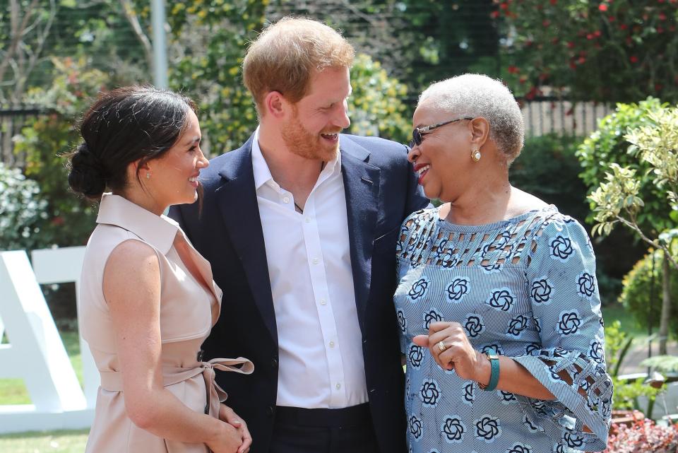 Prince Harry, Duke of Sussex and Meghan, Duchess of Sussex meet Graca Machel, widow of the late Nelson Mandela on October 02, 2019 in Johannesburg, South Africa. The Duke last met with Mrs Machel during his visit to South Africa in 2015.