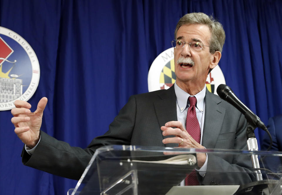 FILE - In this June 12, 2017 file photo, Maryland Attorney General Brian Frosh speaks during a news conference in Washington. The end of the Purdue Pharma bankruptcy case has left a bitter taste for those who wanted to see more accountability for the Sackler family. They will pay more than $4 billion under the settlement but also will escape any future liability over the nation’s opioid crisis. The question at the heart of the upcoming appeals is whether it’s appropriate for a wealthy family that did not itself file for bankruptcy to get such a broad protection given its role in a crisis that continues take a deadly toll across America. (AP Photo/Alex Brandon, File)