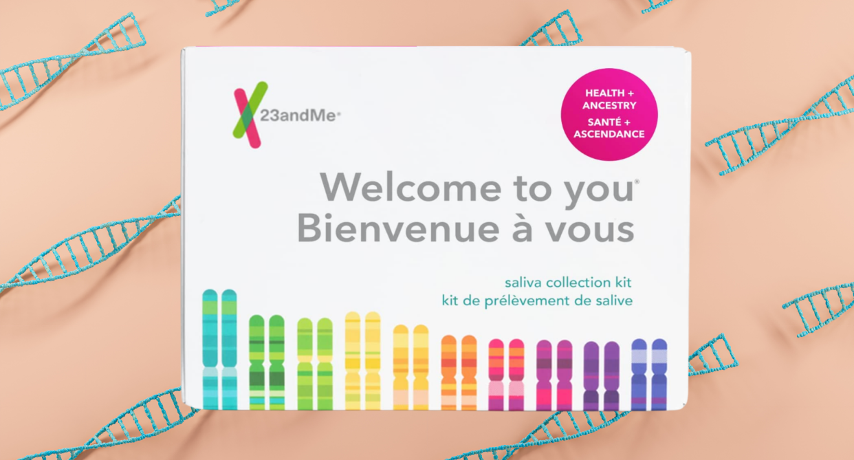 23andme, 23andMe's Health + Ancestry Service Kit on Amazon Canada in white box on background of dna chains, prime day deal