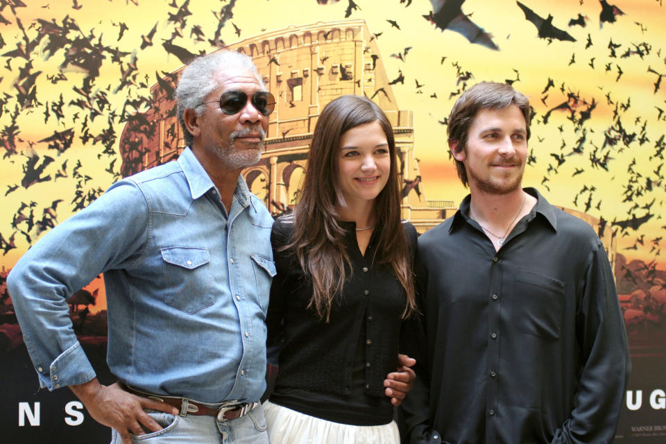 Morgan Freeman, Katie Holmes and Christian Bale during "Batman Begins"  Rome Photocall at Hotel St.Regis in Rome, Italy. (Photo by Ernesto Ruscio/FilmMagic)