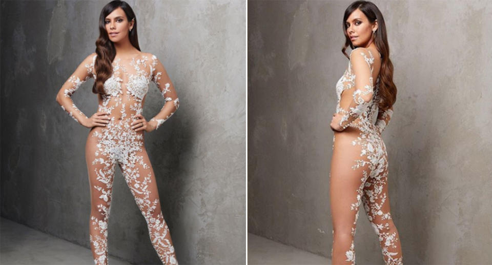 <p>The “naked” bridal jumpsuit is upping the ante with a mostly-sheer, skintight jumpsuit that has strategic embellishment throughout the piece. Pronovias is the fashion line behind this risqué look. </p>