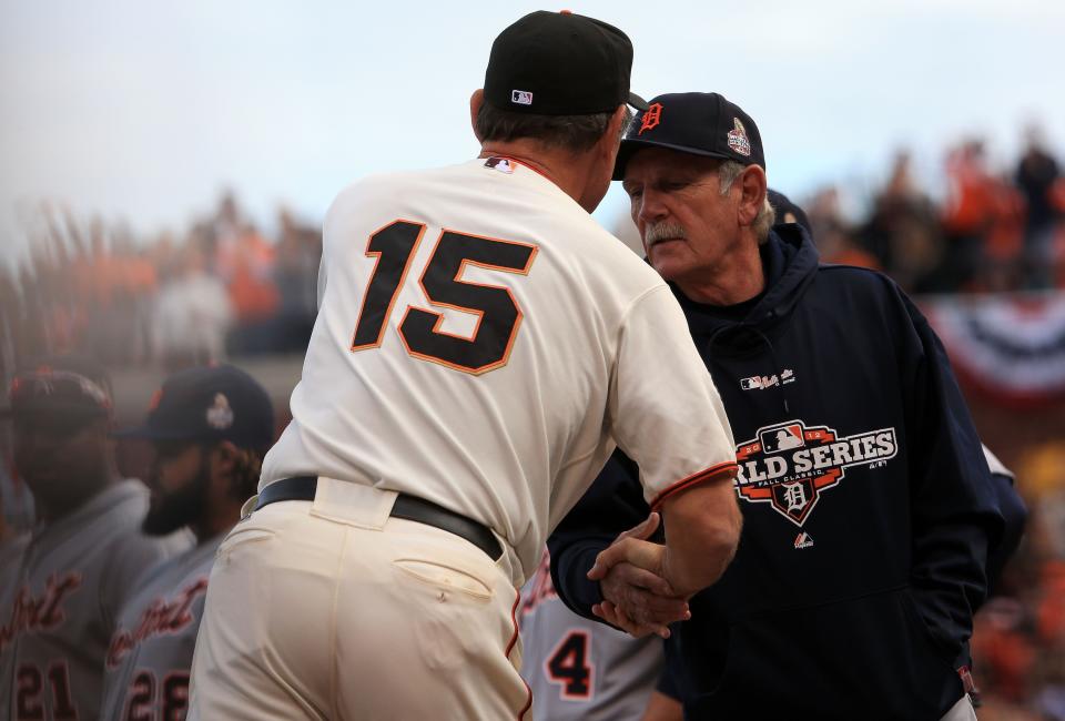 SAN FRANCISCO, CA - OCTOBER 24: (L-R) Manager Bruce Bochy #15 of the San Francisco Giants shakes hands with Manager Jim Leyland #10 of the Detroit Tigers in the dugout prior to Game One of the Major League Baseball World Series at AT&T Park on October 24, 2012 in San Francisco, California. (Photo by Doug Pensinger/Getty Images)