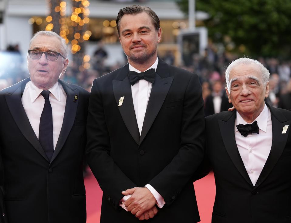 Robert De Niro, from left, Leonardo DiCaprio and director Martin Scorsese pose for photographers upon arrival at the premiere of the film 'Killers of the Flower Moon' at the 76th international film festival, Cannes, southern France, Saturday, May 20, 2023. (Photo by Scott Garfitt/Invision/AP)