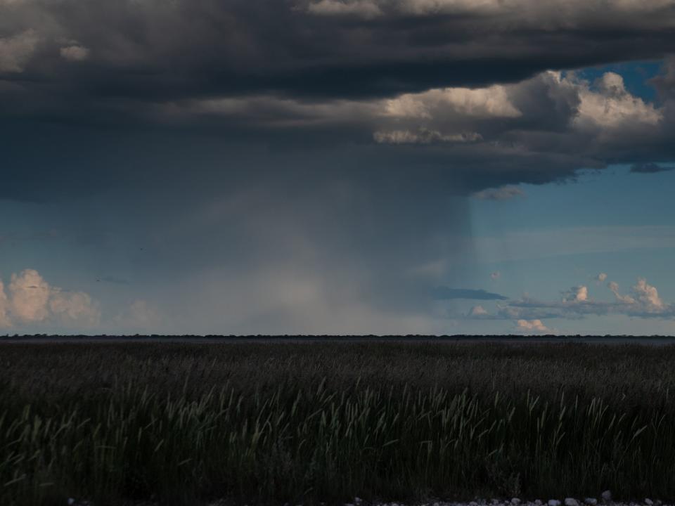 Rains in the distance over Etosha National Park in the northwestern part of Namibia.