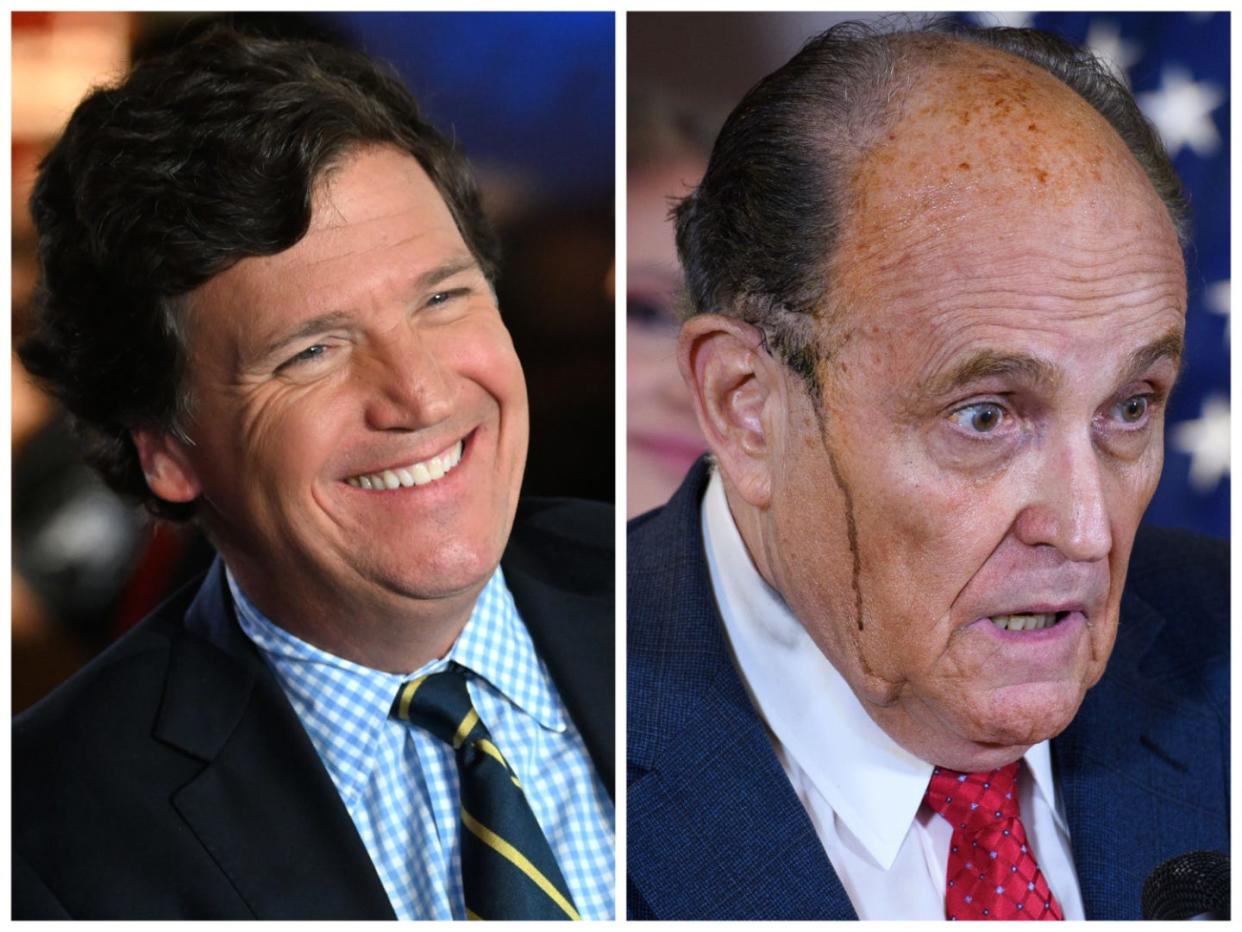 side-by-side of Tucker Carlson and Rudy Giuliani with hair dye dripping down his face
