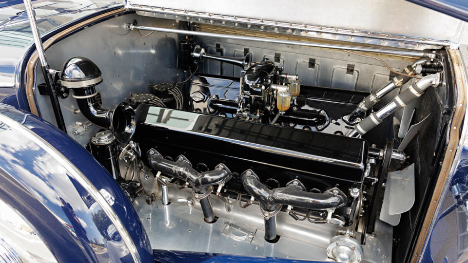 The 220 hp, 9.4-liter V-12 engine inside a 1933 Hispano-Suiza J12 Cabriolet.