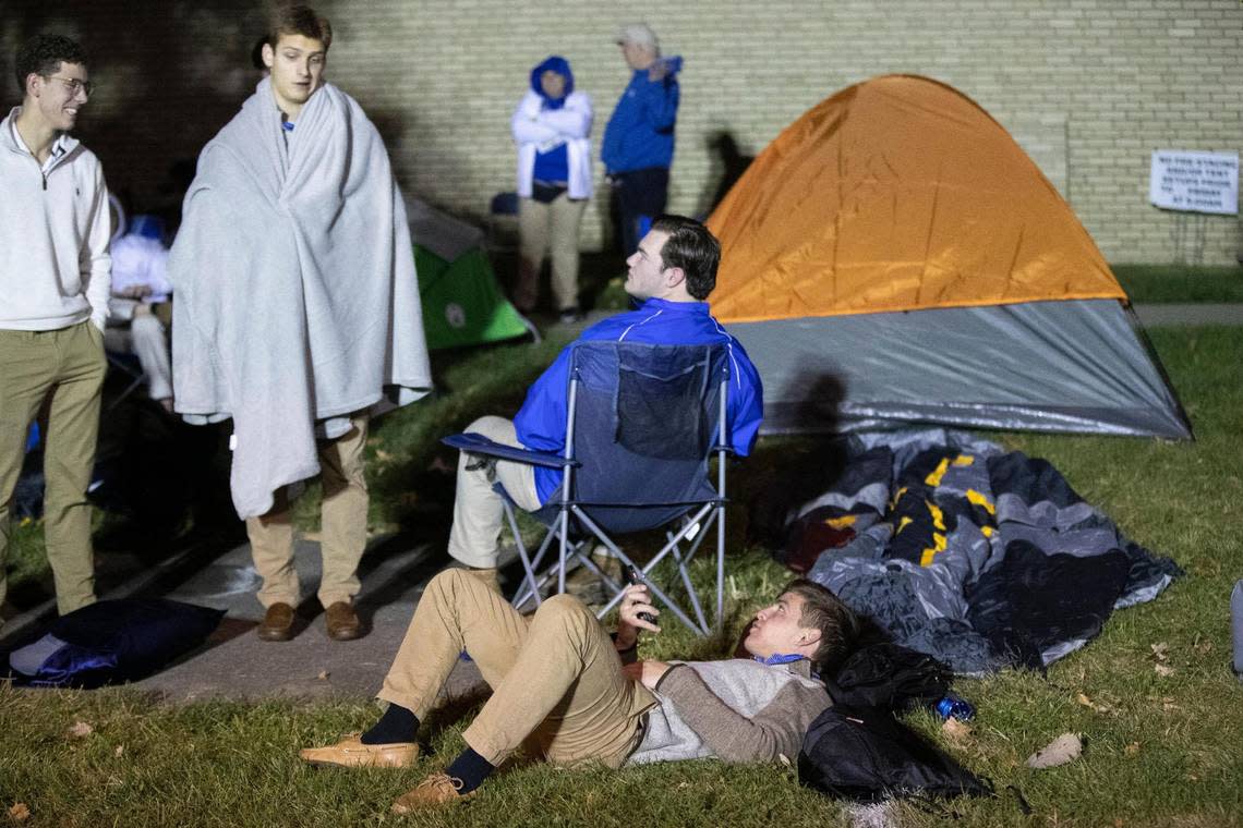 Fans start to relax in tents outside Memorial Coliseum for the Big Blue Madness campout.