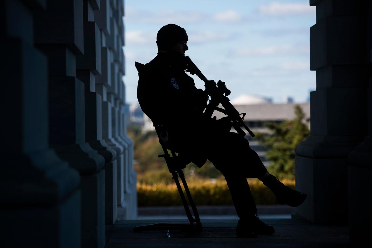 A police officer stands guard near the north door of the Capitol on November 1, 2019, in Washington, DC.