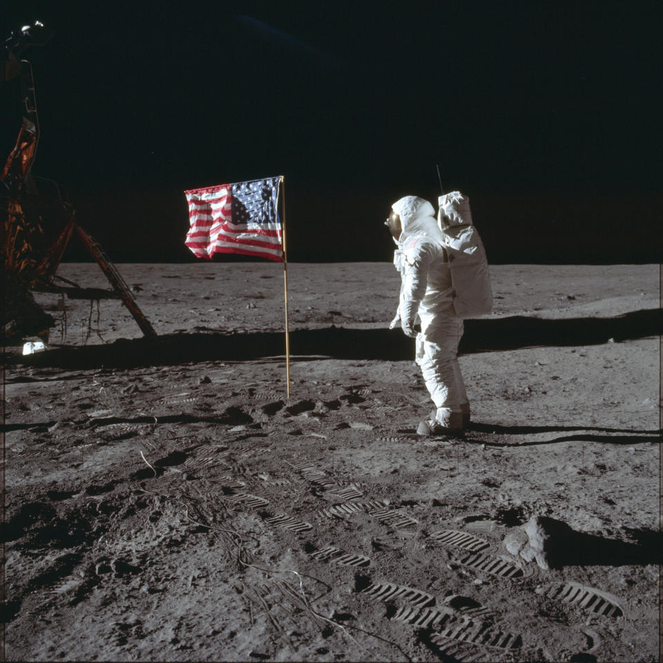 FILE - In this July 20, 1969 photo made available by NASA, astronaut Buzz Aldrin Jr. poses for a photograph beside the U.S. flag on the moon during the Apollo 11 mission. The Television Academy, which presents the Emmy Awards, announced on Friday, Jan. 12, 2024, what it calls the top 75 moments in television history ahead of the ceremony's 75th edition, being held on Monday, Jan. 15. (Neil Armstrong/NASA via AP, File)