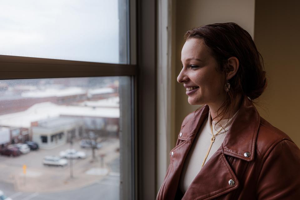 KayLeigh Long, CEO of Westwin Elements, looks out over Bartlesville from their offices in the Reda Building.