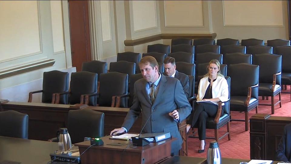 Jason Yoder, attorney for Travis Christopher Hahn in an N.C. appellate court case, talks to a three-judge panel during a November 2021 hearing.