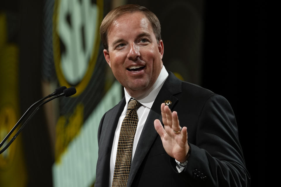 Missouri head coach Eliah Drinkwitz speaks during NCAA college football Southeastern Conference Media Days, Monday, July 17, 2023, in Nashville, Tenn. (AP Photo/George Walker IV)