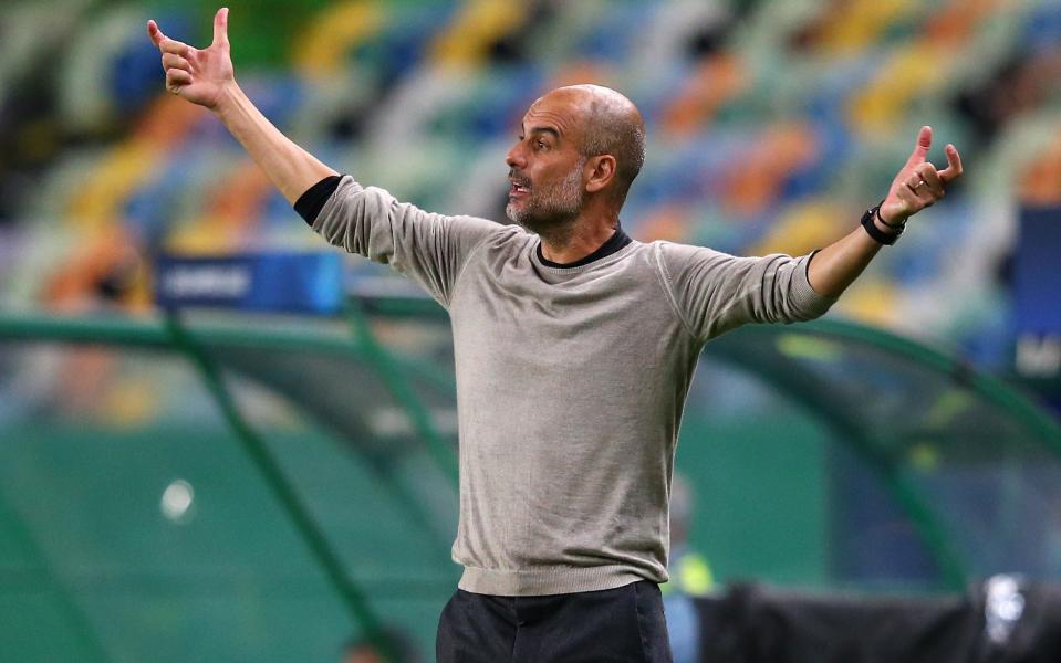Pep Guardiola the manager of Manchester City reacts during the UEFA Champions League Quarter Final match between Manchester City and Lyon at Estadio Jose Alvalade on August 15, 2020 in Lisbon, Portugal.  - GETTY IMAGES