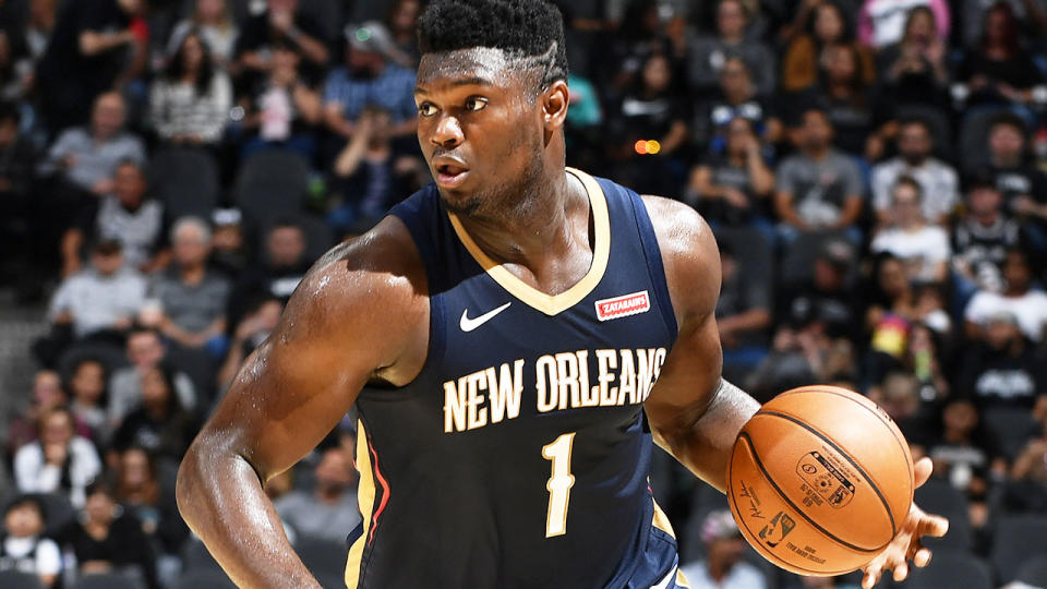 Zion Williamson, pictured here handling the ball during a pre-season game for the New Orleans Pelicans.