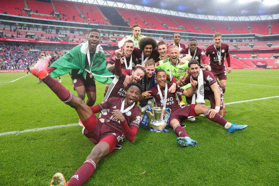 Leicester City players celebrate after winning The Emirates FA Cup Final match in 2021.