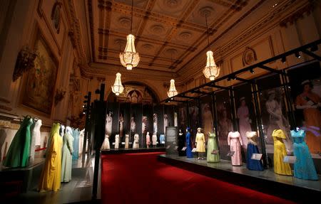 Fashion belonging to Britain's Queen Elizabeth, is displayed ahead of the opening of an exhibition entitled 'Fashioning a Reign: 90 Years of Style from the Queen's Wardrobe', at Buckingham Palace, in London, Britain July 21, 2016. REUTERS/Peter Nicholls