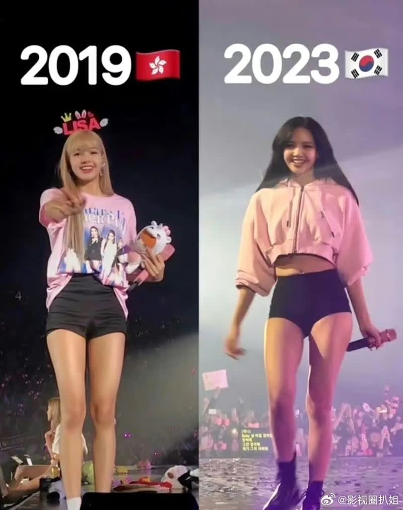 網友曬出Lisa2019年和2023年演唱會上的對比照。（圖／翻攝自微博）