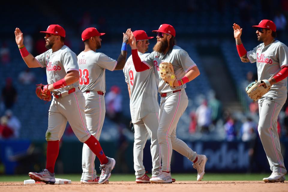 Philadelphia Phillies celebrate the victory against the Los Angeles Angels on Wednesday, May 1, 2024, at Angel Stadium in Anaheim, California.